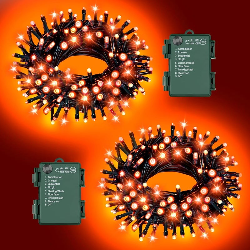 FFZZKJ Orange Lights for Halloween Lights String Outdoor Total 100LED 33Ft 8 Modes with Timer Waterproof Battery Operated 16.4Ft*2, 50LED*2 Indoor for Halloween Decor, Orange, 2-Pack - Image 1